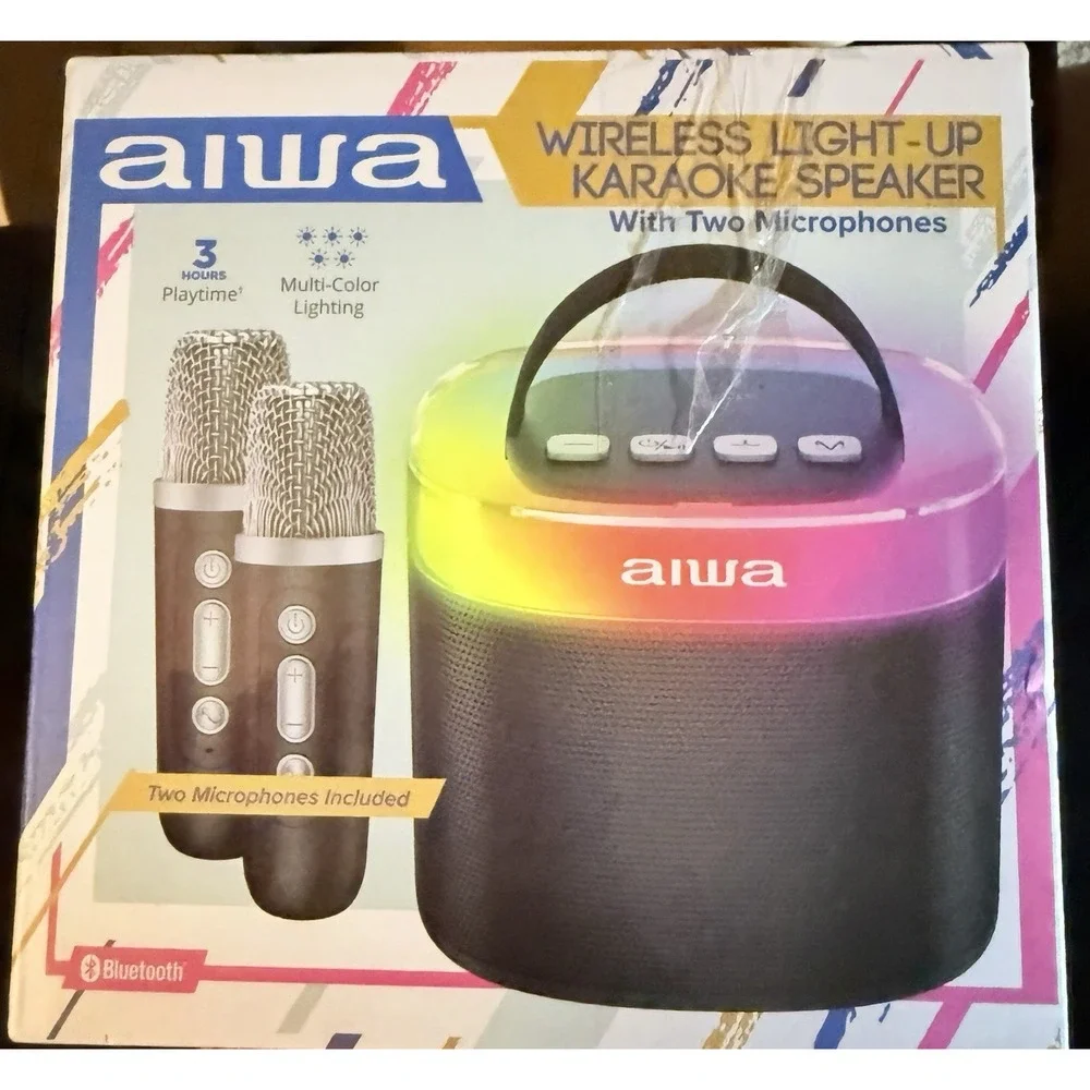 Aiwa Bluetooth Portable Light-Up Karaoke Speaker w/ 2 Microphones, Black